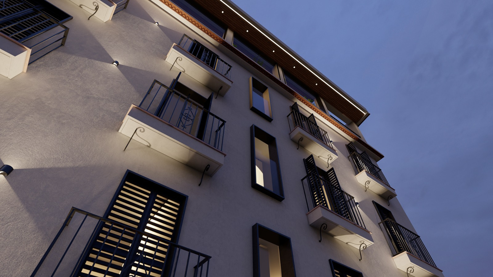 Proposed 3D render: Proposed balconies and façade lighting at dusk.